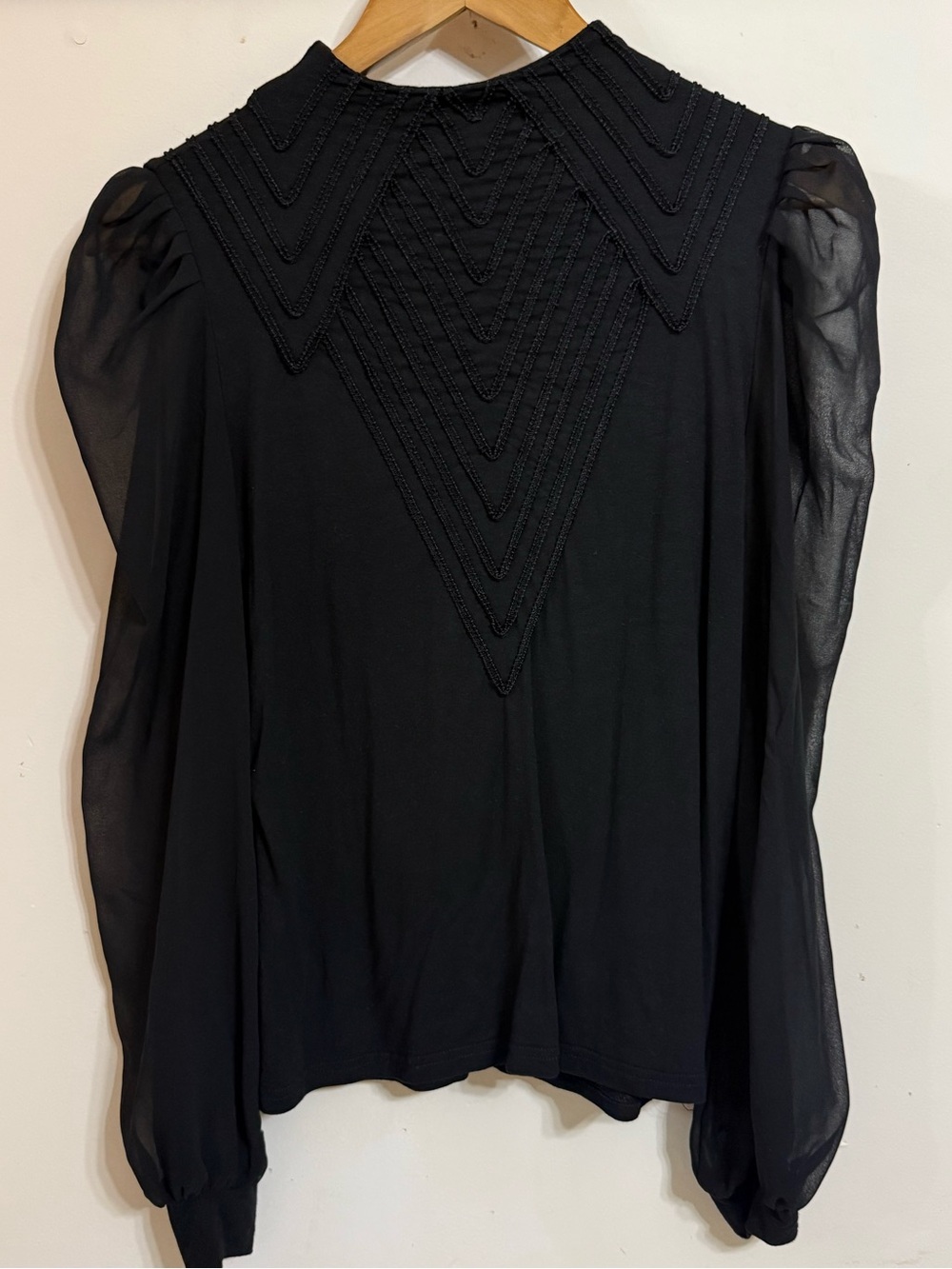 Gracia Black Embellished V-Yoke Sheer Sleeve Blouse